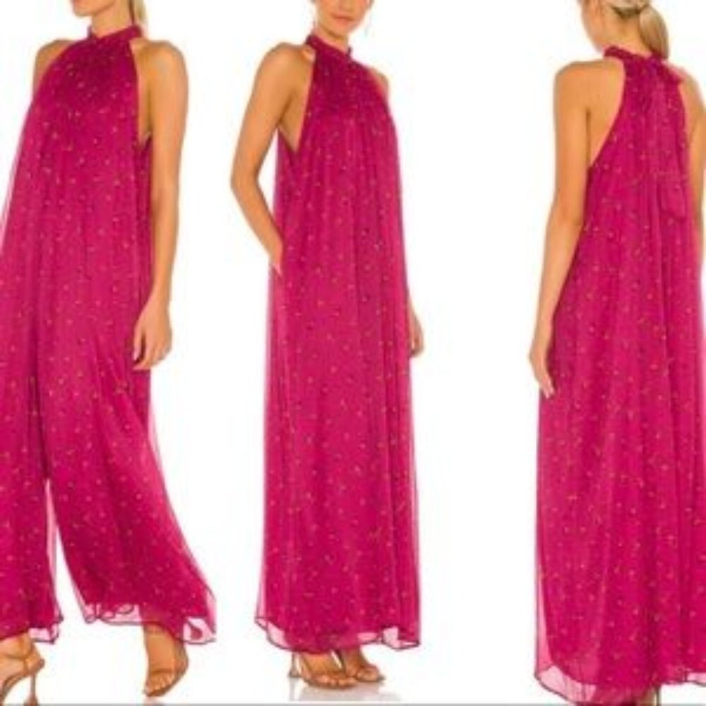 Free People Fuchsia Halter Wide-Leg Jumpsuit with Gold Dots
